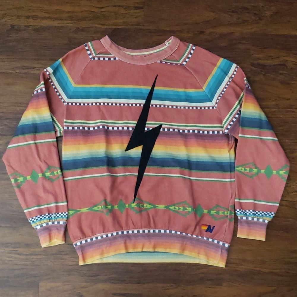 Aviator Nation Coral Striped Lightning Bolt Sweatshirt